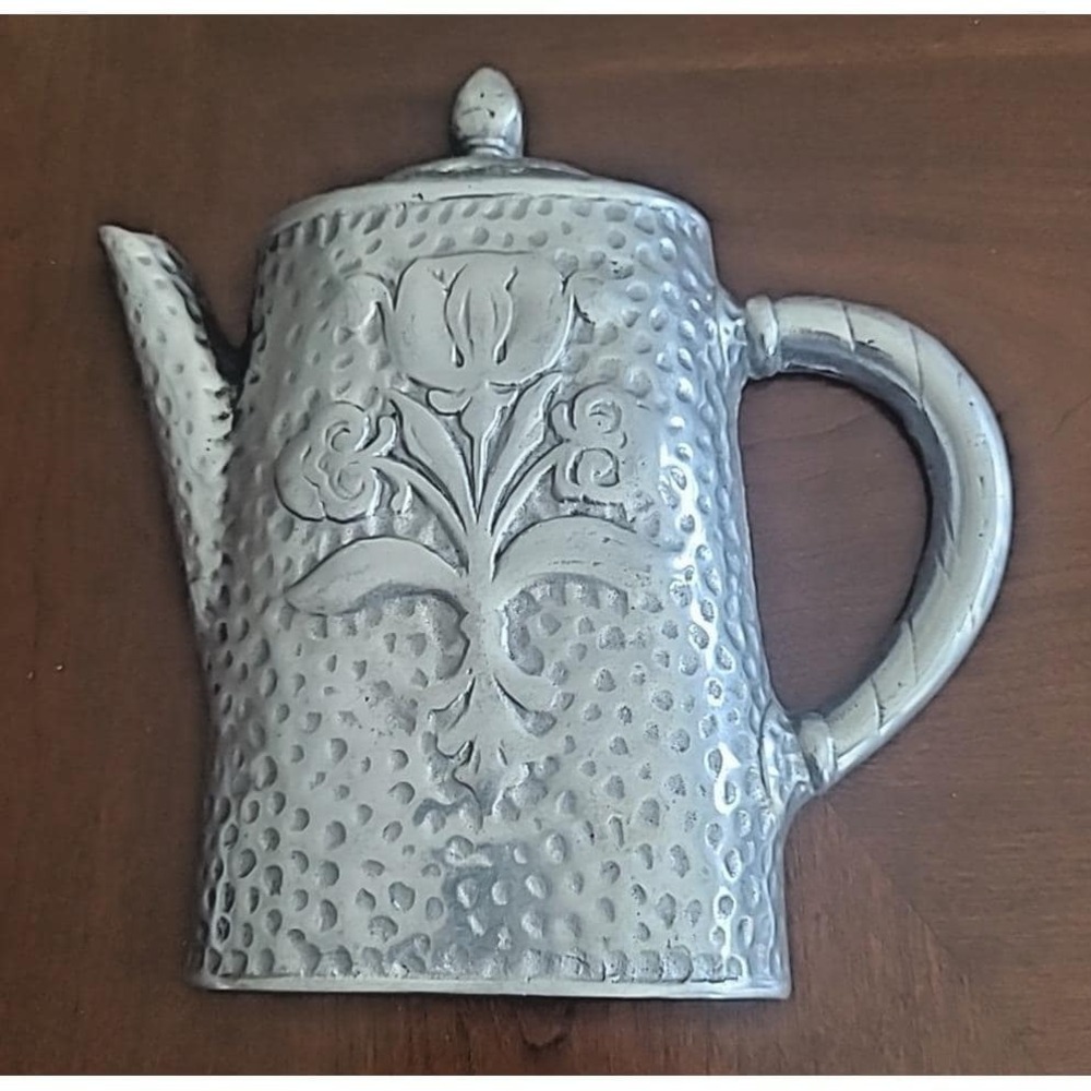 Hecho en Mexico Hammered Pewter Look Teapot Wall Décor Embossed Floral Folk Art